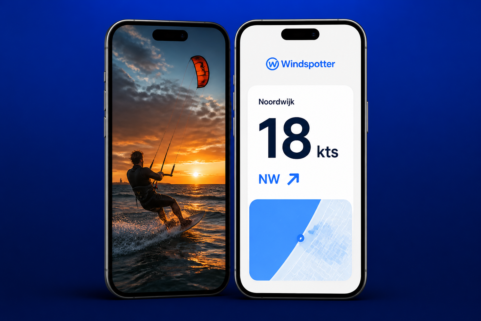 Windspotter app op iPhone — kitesurfer foto en windvoorspelling